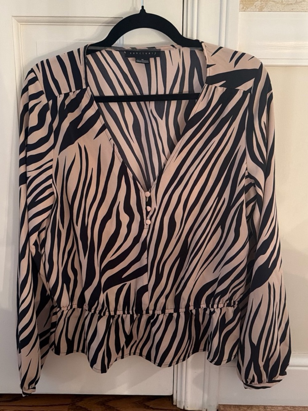 Sanctuary Blush and Black Zebra-Print V-Neck Peplum Blouse